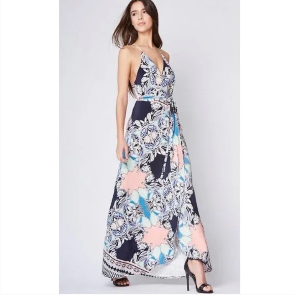 YUMI KIM Rush Hour Silk Navy and Pink Floral Maxi Wrap Dress